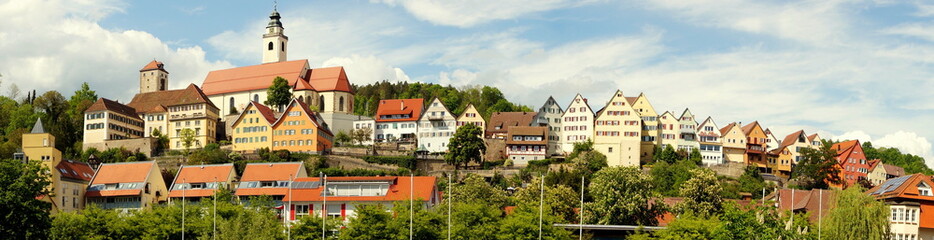 malerisches weites Panorama  von Horb  mit Kirche und alten Häusern hoch über dem Fluss Neckar