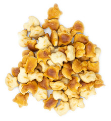 Portion of mixed Snacks isolated on white (close up shot; selective focus)