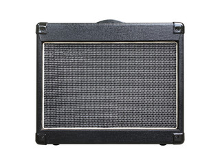 Isolated black leather small size clean and distortion amplifier combo on white background with work path.