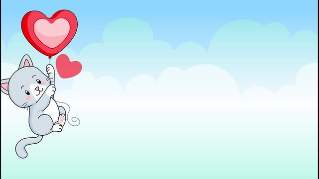 Cute little kitten hanging on a heart balloon floating on a soft cloudy blue sky