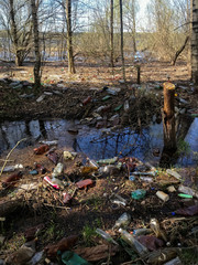Garbage in the forest. Plastic clogging of ecology and nature. Discarded bottles. Coastal pollution.