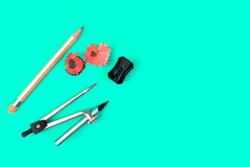 Study materials containing pencil ,pencil compass pencil crayon and a pencil sharpener