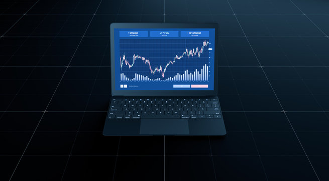 3d rendering of stock exchange concept app running on laptop