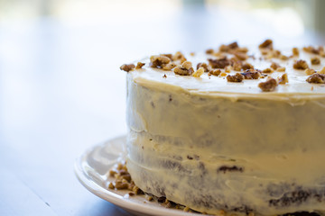 Close up image of a delicious carrot cake freshly baked