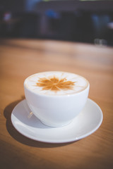 Close up image of a cappuccino in a restaurant