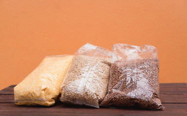 Raw porridge in a package. Stocks of cereals in the package.