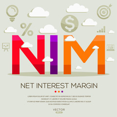 NIM (Net Interest Margin), letters and icons. Vector illustration. 