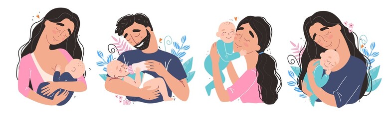 Young happy parents hug their newborn baby