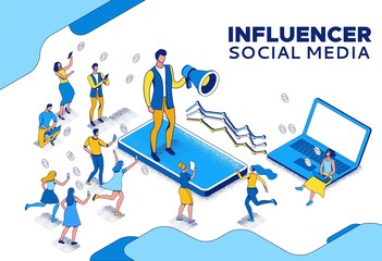 Influencer standing with megaphone and communicating with his audience, blogger and followers, people like post in social media network, 3d vector isometric illustration with outline and texture