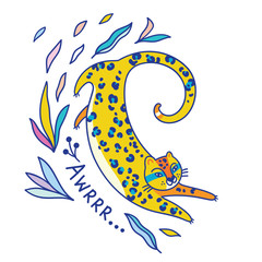 Fototapeta premium Awr. Print with jaguar, leaves and text. Vector illustration
