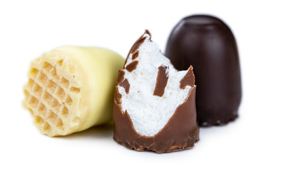 Chocolate Marshmallows isolated on white (selective focus)