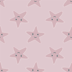 Smiling stars seamless pattern in doodle style. Character star shapes elements wallpaper. Pastel colors.