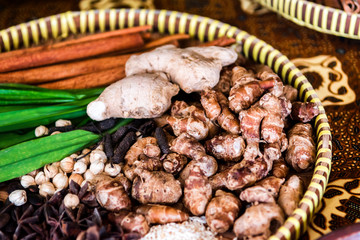 Traditional dried spices and herbs on basket