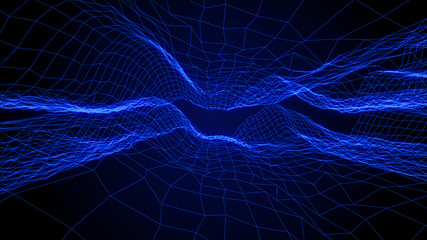 Technology Fractal Field Effect Futuristic Landscape Wireframe Abstract Illustration. Narrow Turbulence Perspective Space For Infographic on Black Background.