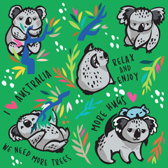 Print of cute koala characters. Vector Illustration