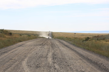 Empty dusty road in the steppe