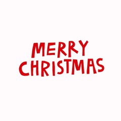 Merry Christmas lettering isolated on white background. Festive hand drawn text. Red letters. Cute design for card, poster, banner, flyer, postcard. Stock vector illustration.