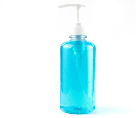 Blue alcohol gel isolated on white background. Hand sanitizer gel for clean. Hand sanitizer in pump head bottle.