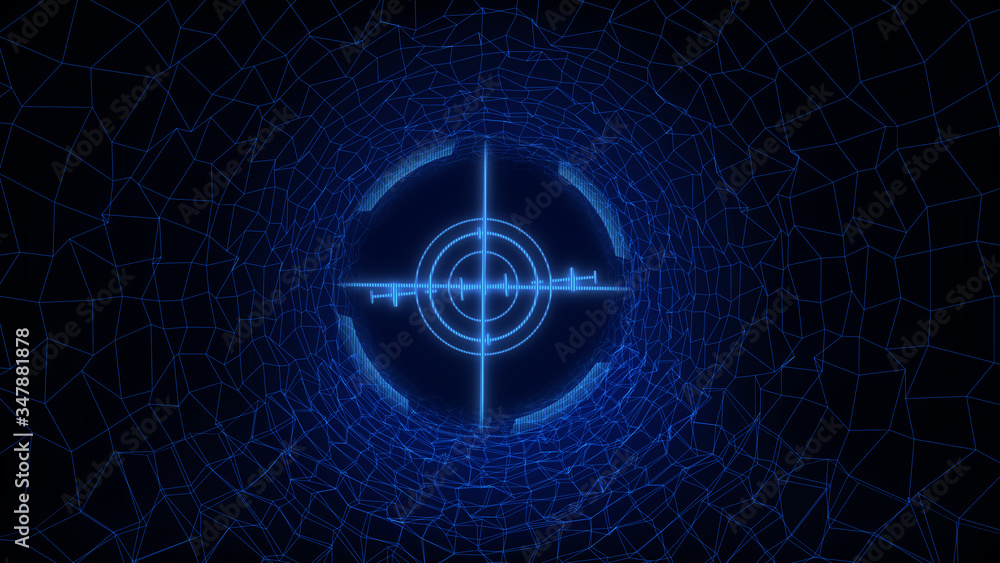 Poster Abstract Technology Wireframe Sci fi Tunnel Illustration. Futuristic Wormhole Digital Space Texture Background.