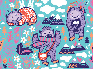  Funny Bigfoots characters in the nature, vector background 