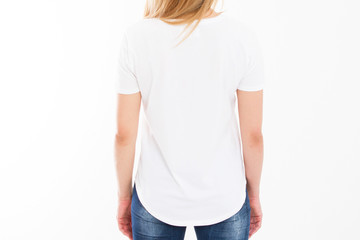 Rear view - Woman body in empty white t-shirt mockup closeup isolation