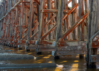 Pudding Creek Trestle, Fort Braggs Historic Bridge, detail of architecture in low tide