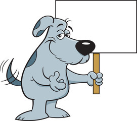 Cartoon illustration of a friendly dog wagging his tail while holding a sign.