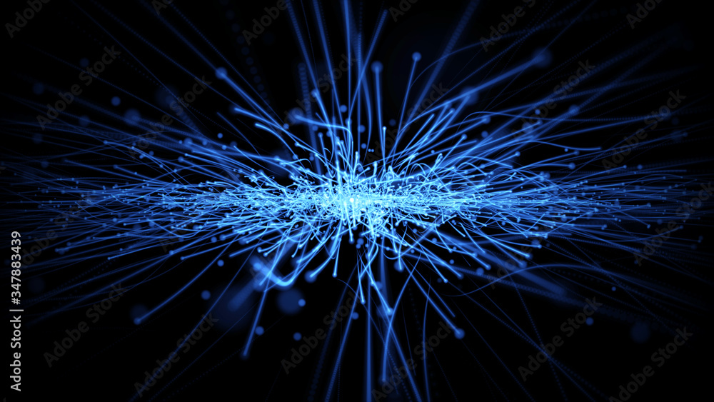 Poster twisted glowing strip line fiber trails explosion element illustration. particle wave turbulence hig