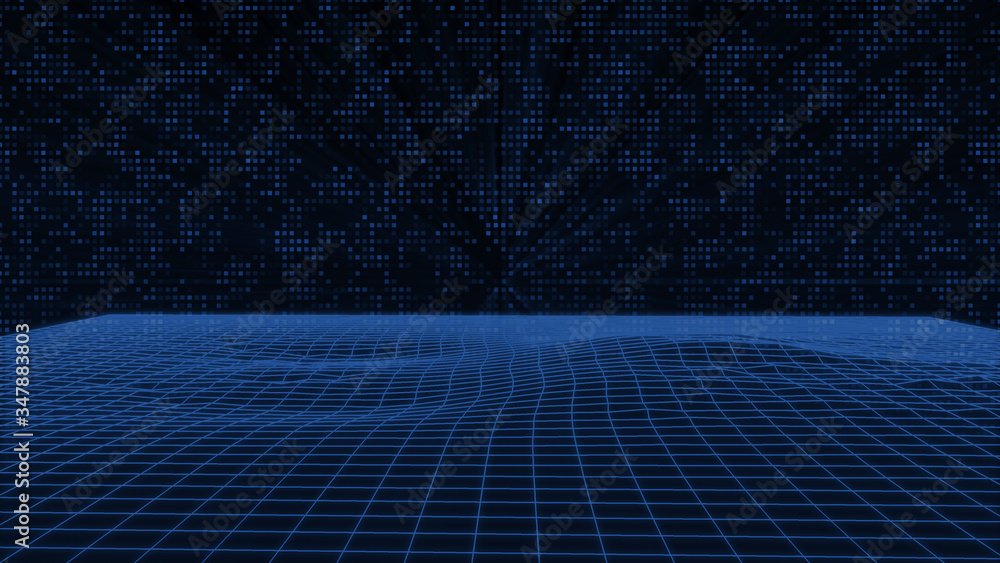 Aufkleber abstract wireframe landscape digital sci fi technology perspective illustration..3d mesh glowing gri