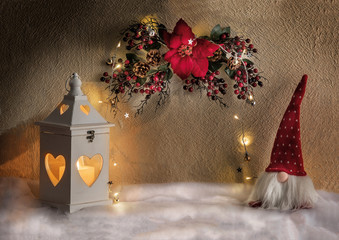 background for Christmas texts with lights and gnomes