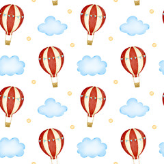 Cartoon hot air balloon with red stripes and blue flags in the sky among the clouds seamless pattern
