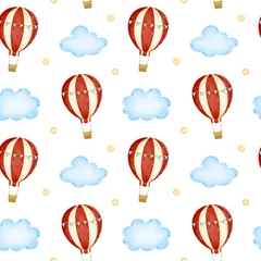Foto auf Acrylglas Heißluftballon Cartoon-Heißluftballon mit roten Streifen und blauen Flaggen am Himmel unter dem nahtlosen Muster der Wolken