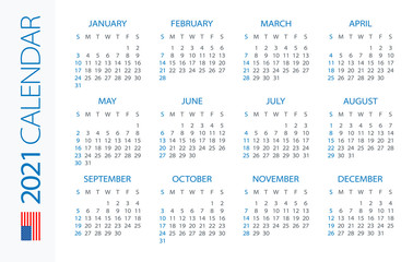 Calendar 2021 Horizontal - illustration. American version. Week starts on Sunday