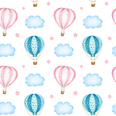 Cartoon pink and blue hot air balloons in the sky among clouds seamless pattern