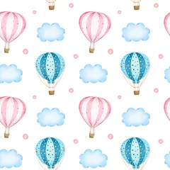 Photo sur Plexiglas Montgolfière Ballons à air chaud roses et bleus de dessin animé dans le ciel parmi le modèle sans couture de nuages