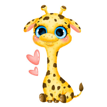 Illustration of a cute cartoon baby giraffe with big eyes and hearts isolated on white background