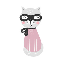 Cute cartoon cat animal. Superhero character, vector illustration.