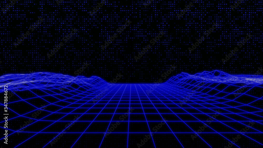 Aufkleber abstract wireframe landscape digital sci fi technology perspective illustration. 3d mesh glowing gri