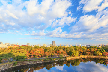 Arial view of Osaka cityscape view from Osaka castle, Japan