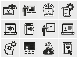 E-learning education icons. Black vector illustration isolated on white.