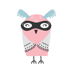 Cute cartoon owl animal. Superhero character, vector illustration.