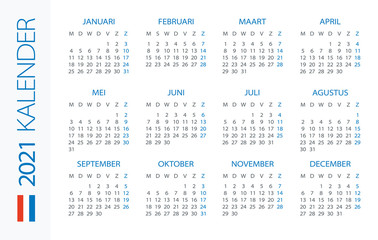 Calendar 2021 Horizontal - illustration. Dutch version