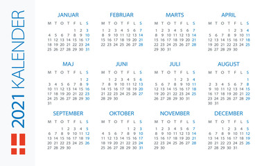 Calendar 2021 Horizontal - illustration. Danish version