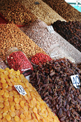 Dried fruits stand in Jemaa el-Fna market square place in Marrakech Marroco