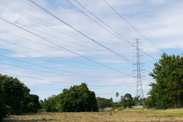Obraz premium transmission High voltage electricity pylon with blue sky background