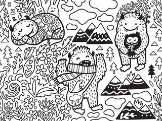 Cute Bigfoots in the nature. Ideal for colouring page