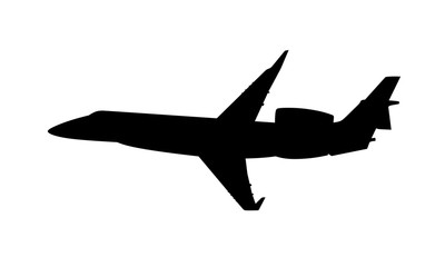 Silhouette of a private jet airplane on a white background. Vector illustration.