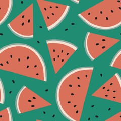 Watermelon seamless vector pattern. Summer hand drawn background. Trendy tropical pattern for print, textile, wrapping paper and decoration design. Simple vector fruit illustration