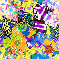 Obraz premium Abstract fun color pattern cartoon texture for doodle geometric background. Seamless ornament of amphibian frogs, butterflies, figures, circle, memphis, patchwork. Printing clothes for boys, girls.