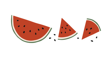 Flat cartoon watermelon set isolated on white background. Summer tropical hand drawn vector elements. Healthy fresh nutrition. Simple vector organic illustration